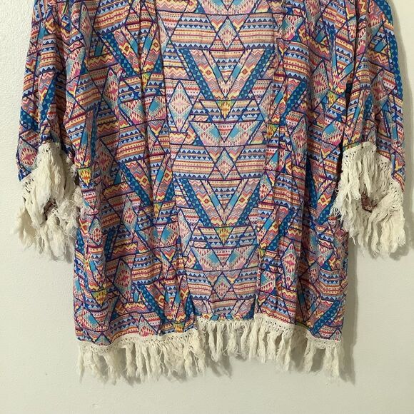 Kori Colorful Geometric Boho Hippie Festival Fringe Open Cardigan Kimono M/L - Picture 3 of 8